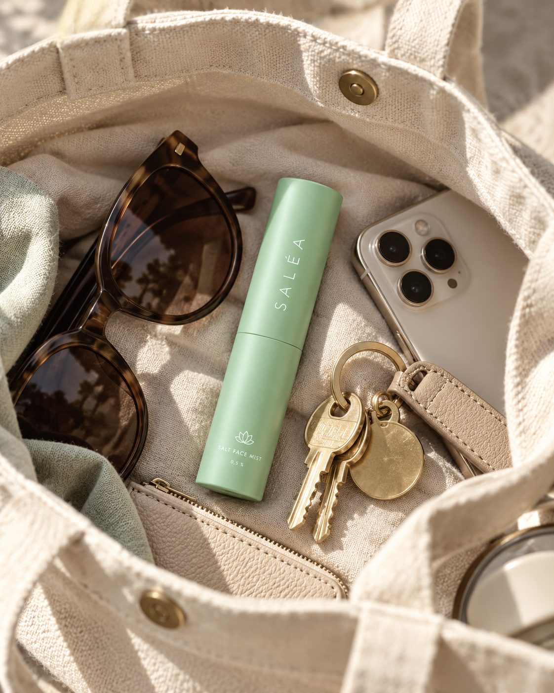 Mintgrüner Saléa Zerstäuber in einer Stofftasche neben Sonnenbrille, Schlüsseln und Handy
