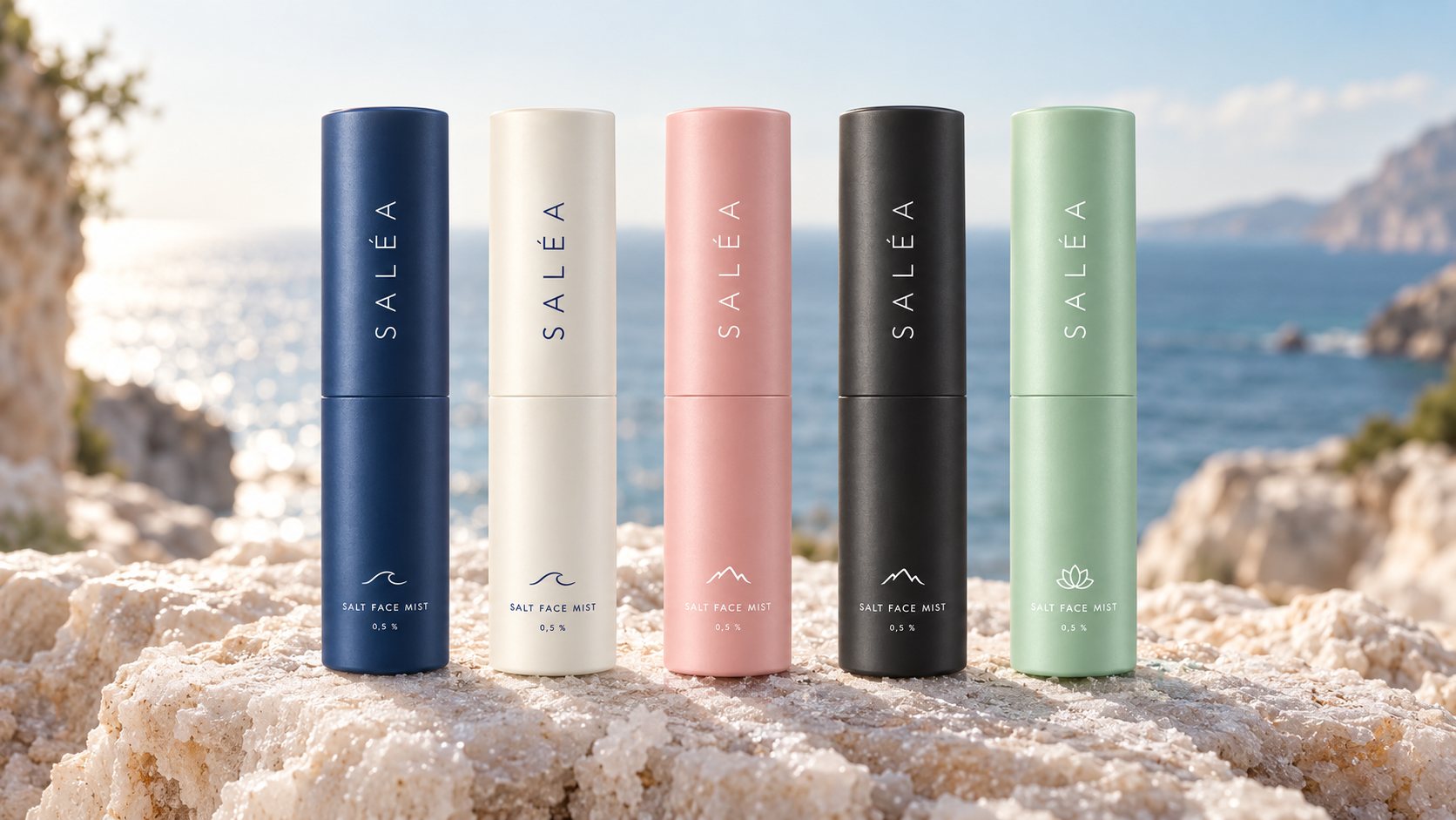Alle fünf Saléa Zerstäuber in Blau, Creme, Rosa, Schwarz und Mint auf einem Salzfelsen am Meer